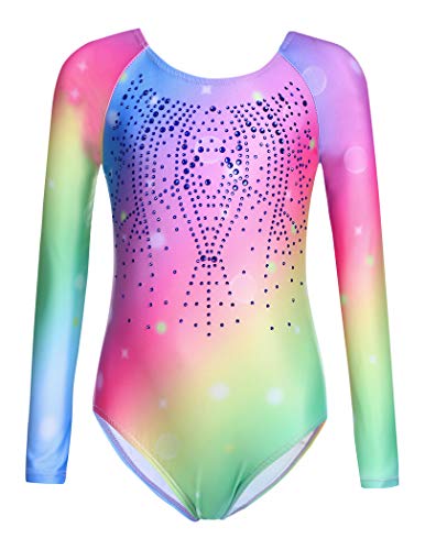 Zaclotre Kid Girls Gymnastic Leotard Long Sleeve Color Gradient Sparkly Ballet Dance One Piece Outfit 140(6-7Y)