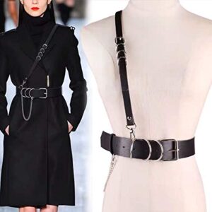 NONGFUGE Fashion Black Faux leather Harness Waist Body Belt Punk Chest Belt with Chains for Women Girls Ladies