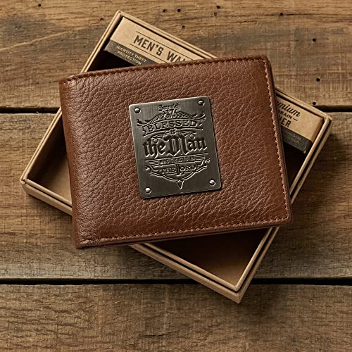 Christian Art Gifts Genuine Leather RFID Wallet for Men with Scripture Blessed Is The Man Jeremiah 17:7 Metal Emblem Multi-purpose Slots Credit Card Holders Quality Classic Brown Leather Bifold Wallet