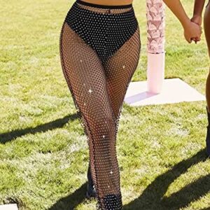 Yokawe Mesh Pants Sparkly Rhinestone Cover Up Pants Fishnet See Through Leggings Crystal Bottoms Nightclub Rave Festival Party Bikini Swimsuit Pants Cover Ups for Women Black