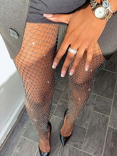 Yokawe Mesh Pants Sparkly Rhinestone Cover Up Pants Fishnet See Through Leggings Crystal Bottoms Nightclub Rave Festival Party Bikini Swimsuit Pants Cover Ups for Women Black