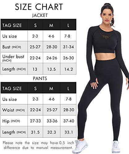 JOLLMONO Workout Sets for Women 2 Piece Yoga Gym Outfits Seamless Ribbed Leggings with Long Sleeve Tops(8003S-Black)