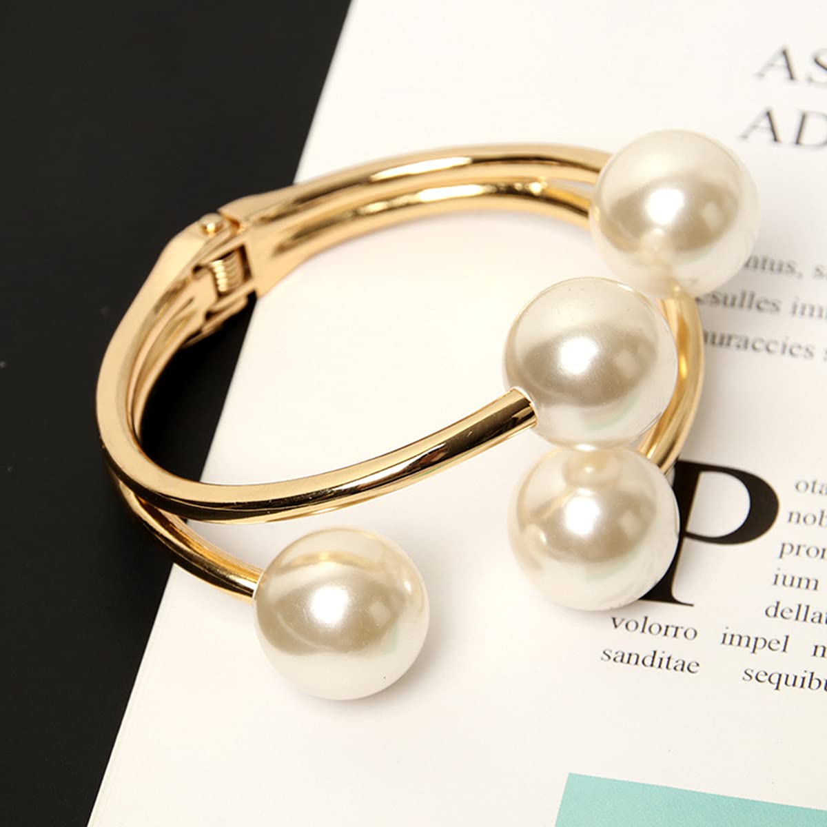 Caiyao 14K Plated Gold Big Pearl Clasp Cuff Bracelets Asymmetric Broadside Ball Handcuffs Wrist Bangle for Women Simple Fashion Jewelry-A layered