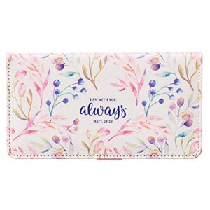 Christian Art Gifts White Floral Faux Leather Checkbook Cover for Women with Scripture - I Am With You Always - Checkbook Cover for Duplicate Checks ID Credit Cards & Pen Loop Holders - Matthew 28:20