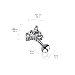 Amelia Fashion 16 Gauge CZ Paved Tiara Threadless Top 316L Surgical Steel Push in Style Labret, Flat Back Studs For Ear Cartilage and Nose (Gold -16GA (1.2mm) - L.5/16" (8mm))