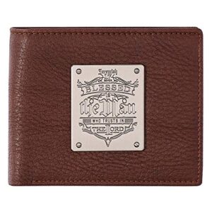 christian art gifts genuine leather rfid wallet for men with scripture blessed is the man jeremiah 17:7 metal emblem multi-purpose slots credit card holders quality classic brown leather bifold wallet