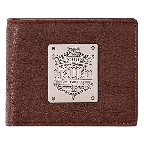 Christian Art Gifts Genuine Leather RFID Wallet for Men with Scripture Blessed Is The Man Jeremiah 17:7 Metal Emblem Multi-purpose Slots Credit Card Holders Quality Classic Brown Leather Bifold Wallet