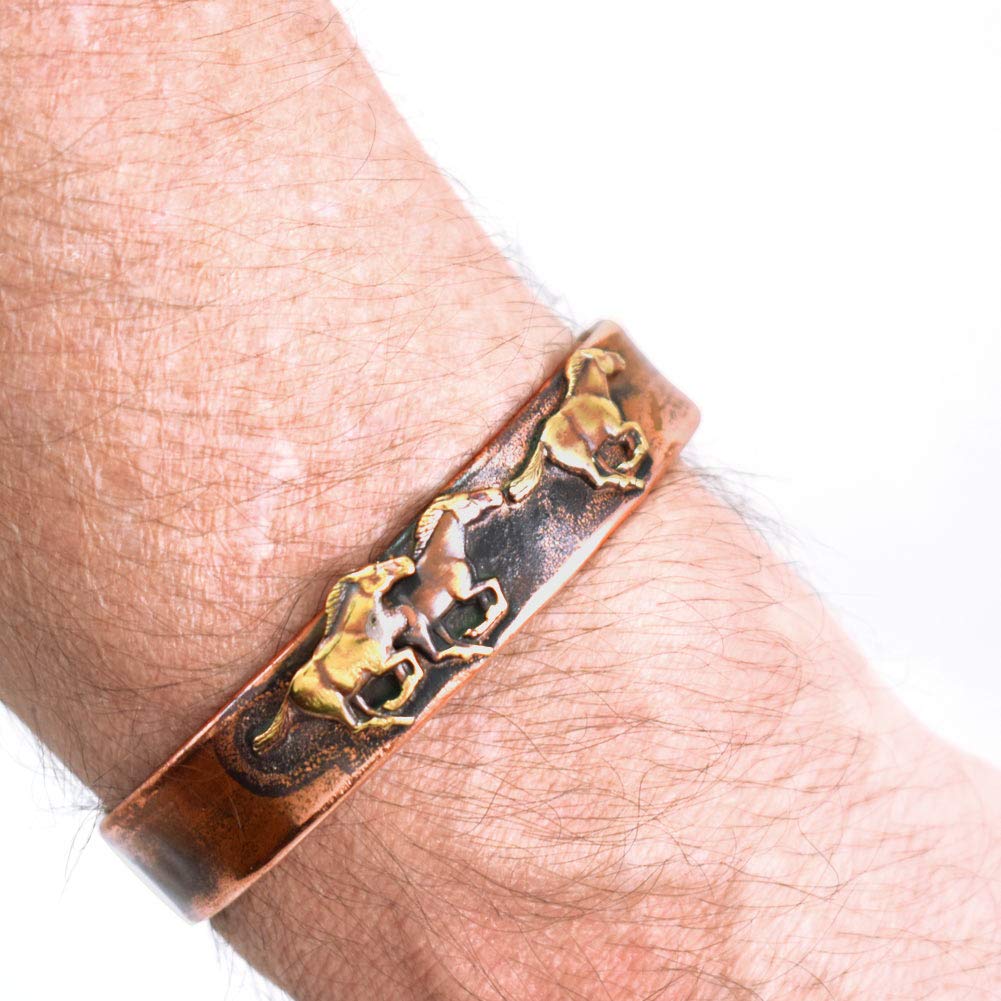 American Made Rustic Unisex Copper Cuff Bracelet - Wild Mustangs Motif (Medium (suitable for 7" to 7.75" wrist sizes))