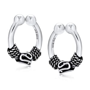 Bling Jewelry Unisex Bali Style Tribal Swirl Tiny Round Ear Lobe Cartilage Faux Fake Nose Septum Hoop Ring Earrings Oxidized .925 Sterling Silver Hoop Rings Non Piercing