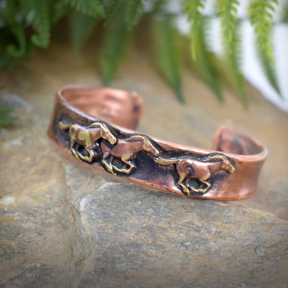 American Made Rustic Unisex Copper Cuff Bracelet - Wild Mustangs Motif (Medium (suitable for 7" to 7.75" wrist sizes))