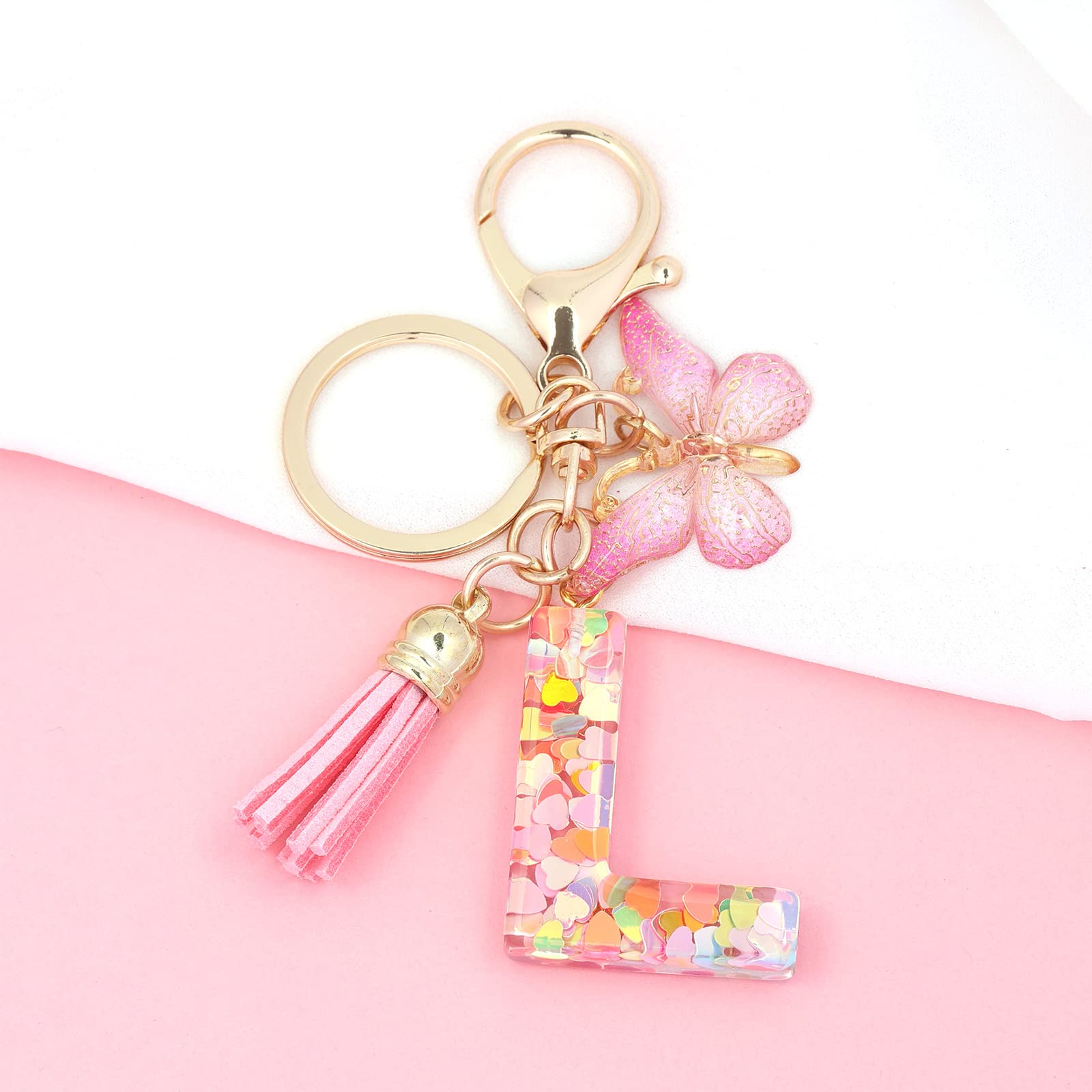 OKAICEN Fashion Alphabet Initial Letter Keychain Tassel Butterfly Pendant Key Ring for Purse Handbags Women Girl ('L')