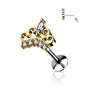 amelia fashion 16 gauge cz paved tiara threadless top 316l surgical steel push in style labret, flat back studs for ear cartilage and nose (gold -16ga (1.2mm) - l.5/16" (8mm))