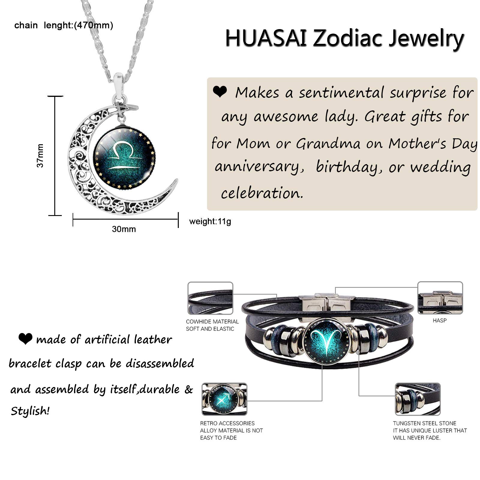 HUASAI Pisces Necklace 12 Twelve Constellations Hand Woven Leather Bracelet and Moon Pendant Necklace Zodiac Sign Jewelry Set (Pisces(2.20-3.20))