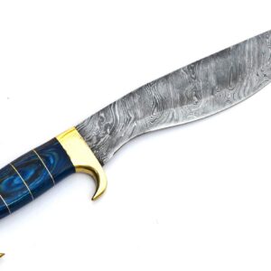 Skokie Knives Custom Hand Made Damascus Steel Hunting Knife Handle Blue Pakka Wood Brass Spacer