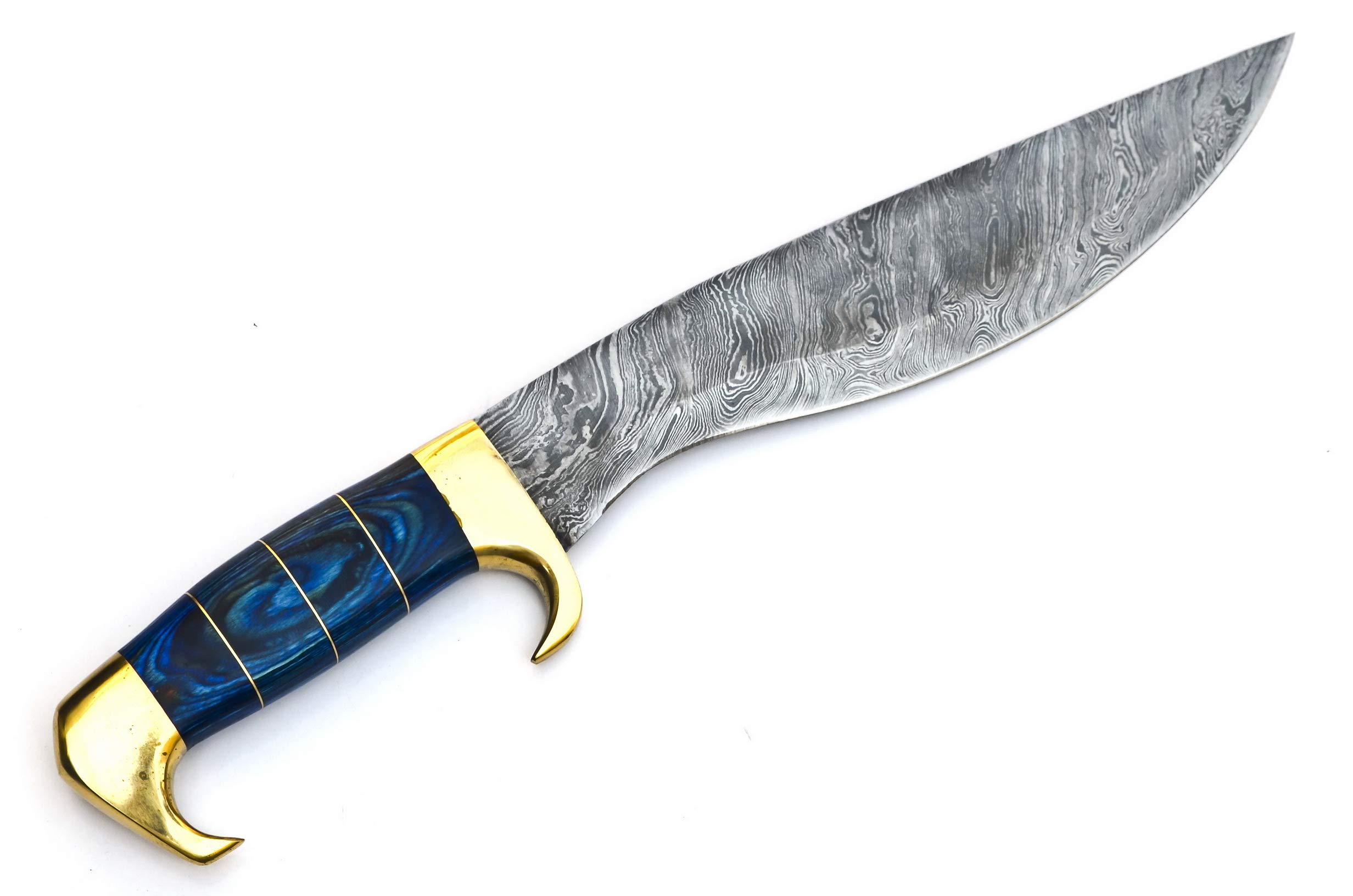 Skokie Knives Custom Hand Made Damascus Steel Hunting Knife Handle Blue Pakka Wood Brass Spacer