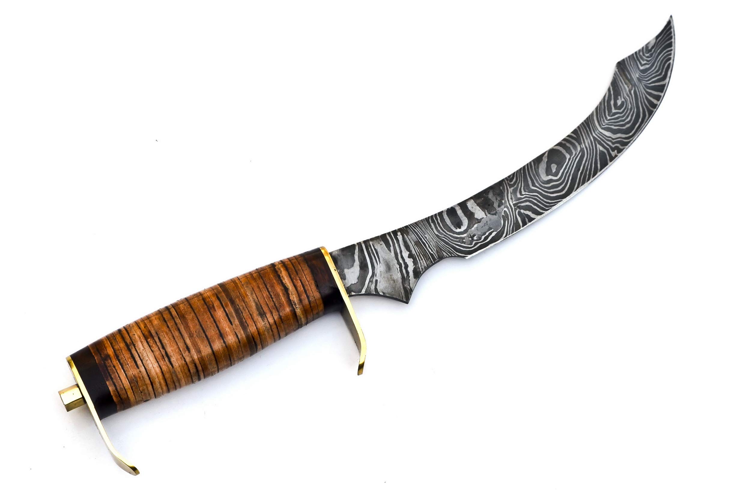 Skokie Knives Custom Hand Made Damascus Steel Hunting Knife Handle Stacked Leather With Double Brass Double Clip