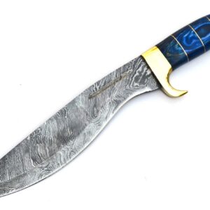 Skokie Knives Custom Hand Made Damascus Steel Hunting Knife Handle Blue Pakka Wood Brass Spacer