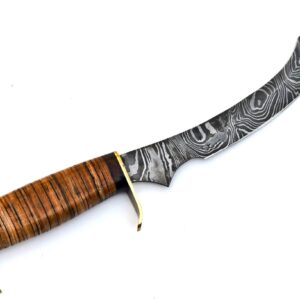 Skokie Knives Custom Hand Made Damascus Steel Hunting Knife Handle Stacked Leather With Double Brass Double Clip