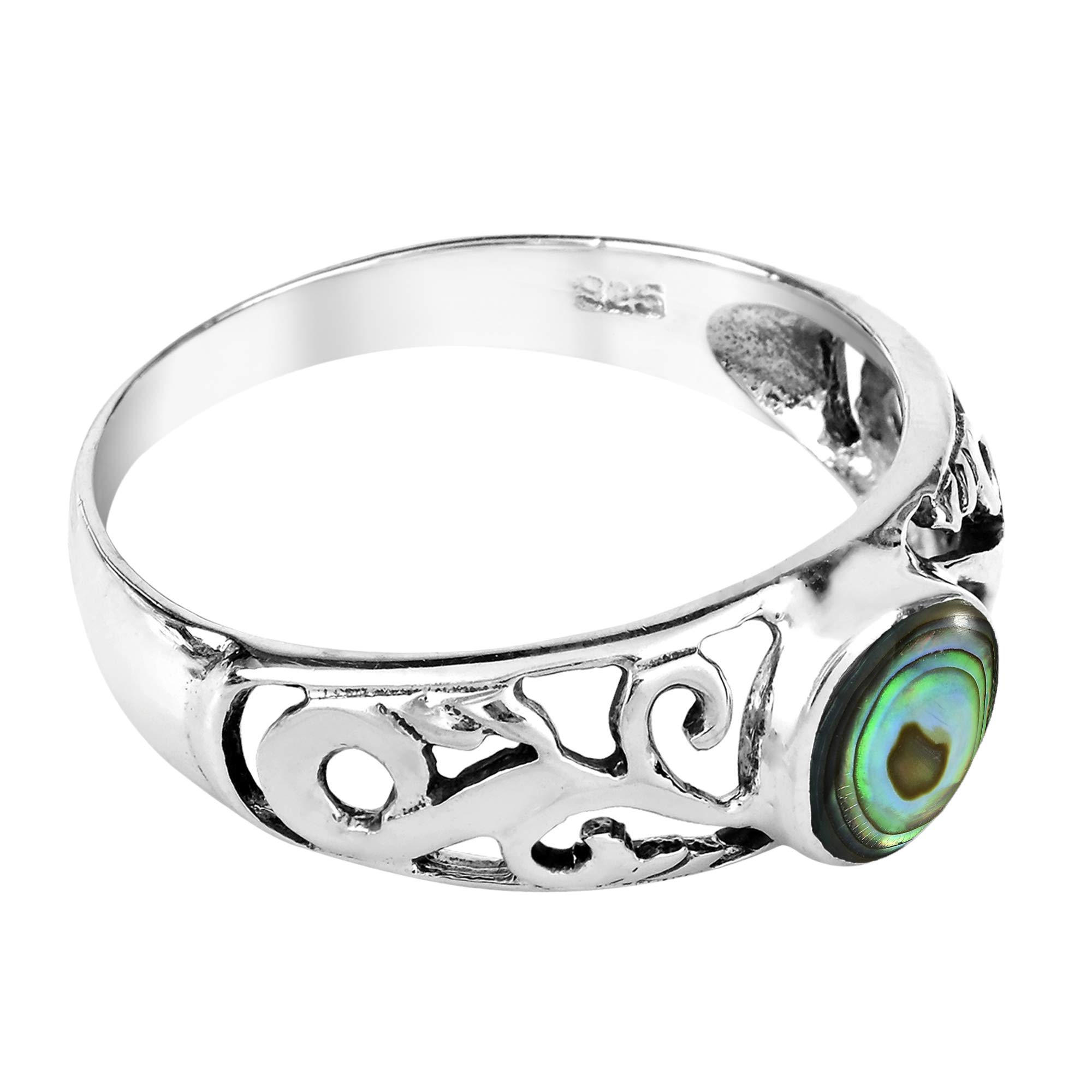 AeraVida Intricate Lace Swirl Vines Round Abalone Shell .925 Sterling Silver Ring | Elegant Wedding Rings | Casual Comfort Fit Silver Rings for Women | for Daughter | Sterling Silver Rings Sizes (7)