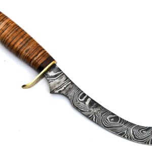 Skokie Knives Custom Hand Made Damascus Steel Hunting Knife Handle Stacked Leather With Double Brass Double Clip