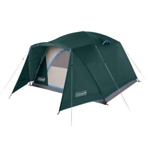 coleman skydome camping tent with full-fly weather vestibule, 2/4/6 person weatherproof tent with rainfly, carry bag, storage pockets, and ventilation, sets up in 5 minutes