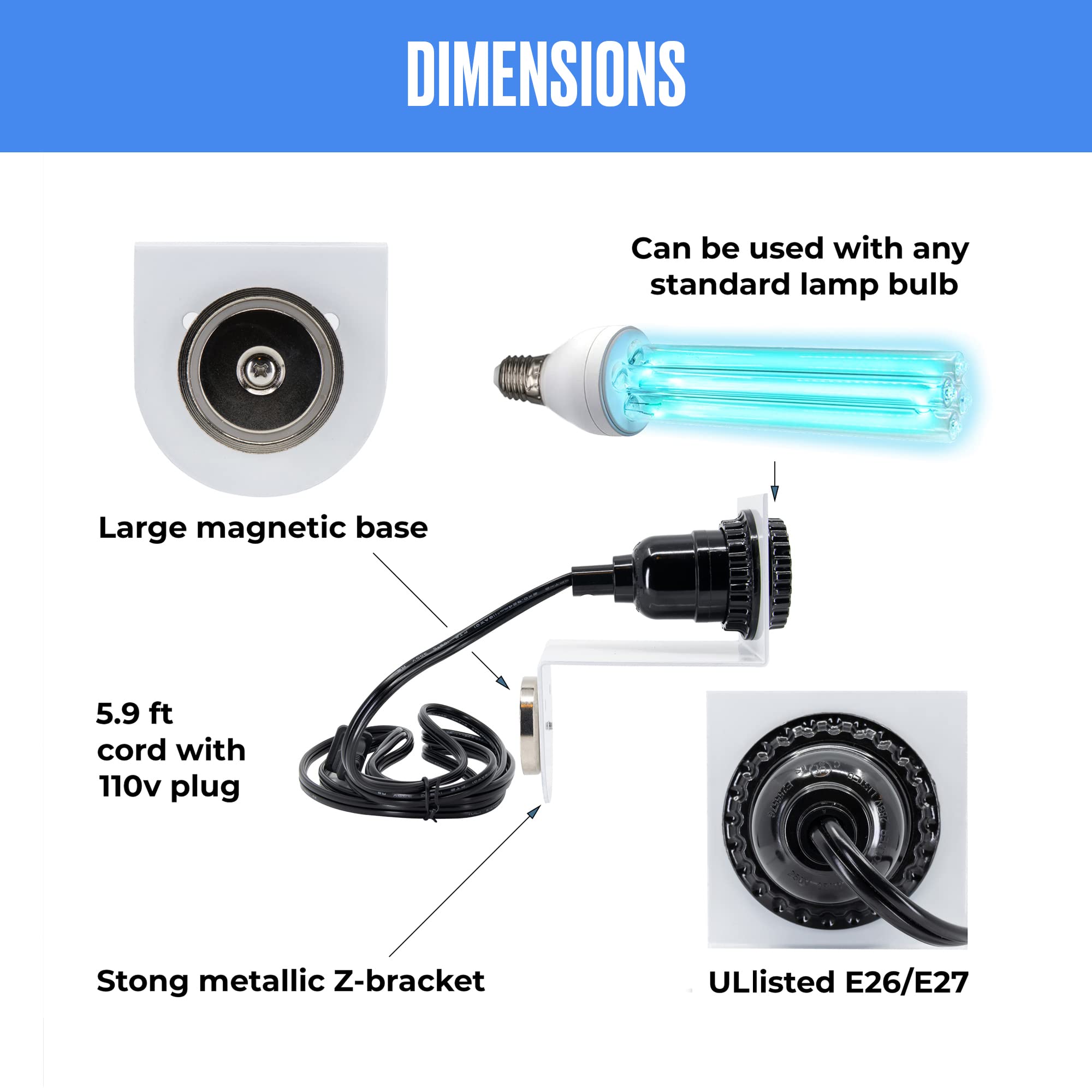 Ultraviolet Ozone Germicidal Light Bulb with a Magnetic Mount Base 185/254nm UV light