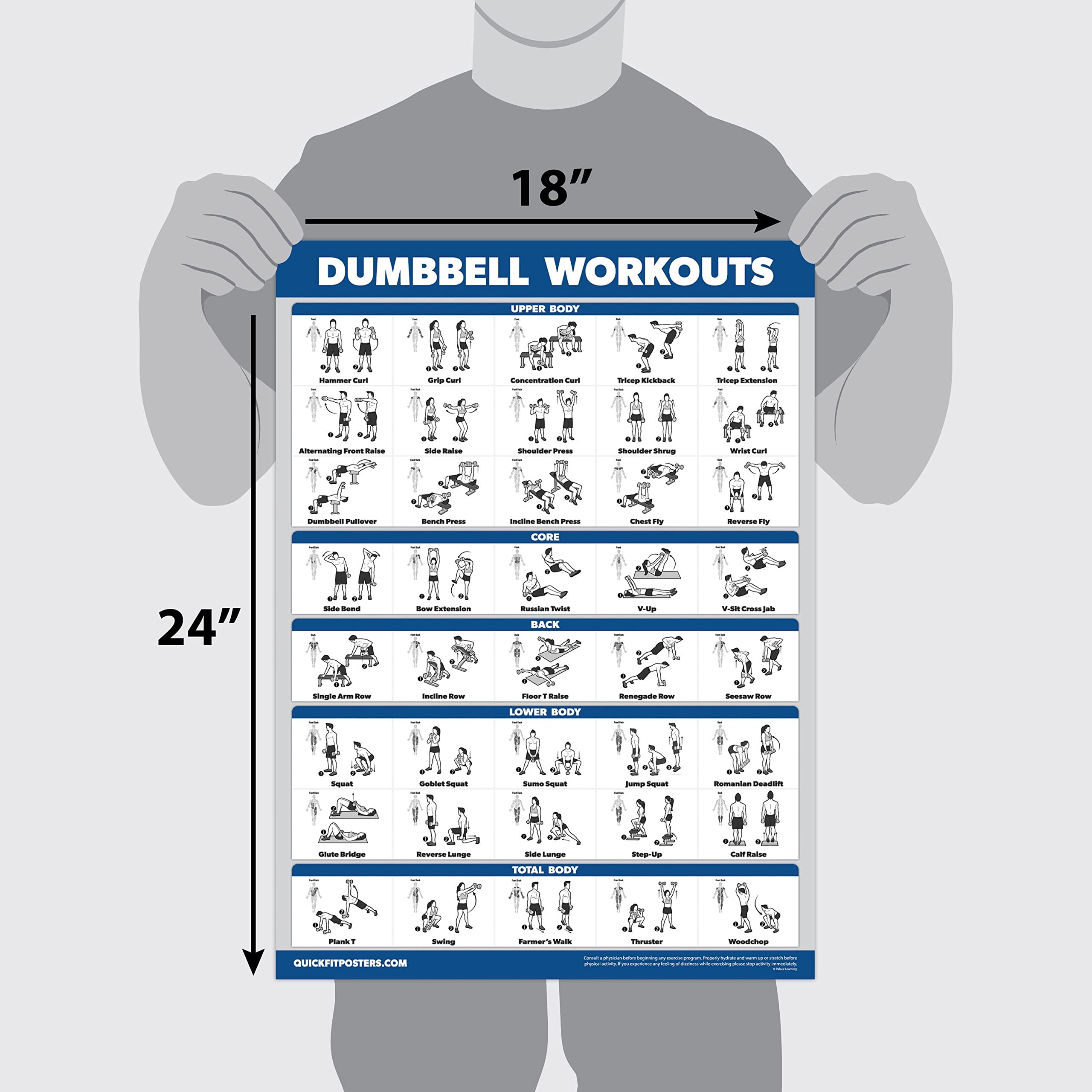 16 Pack - Exercise Workout Poster Set: Dumbbell, Suspension, Kettlebell, Bands, Medicine Ball, Battle Rope, Stretching, Bodyweight, Barbell, Yoga, Exercise Ball (PAPER - NOT LAMINATED, 18" x 24")