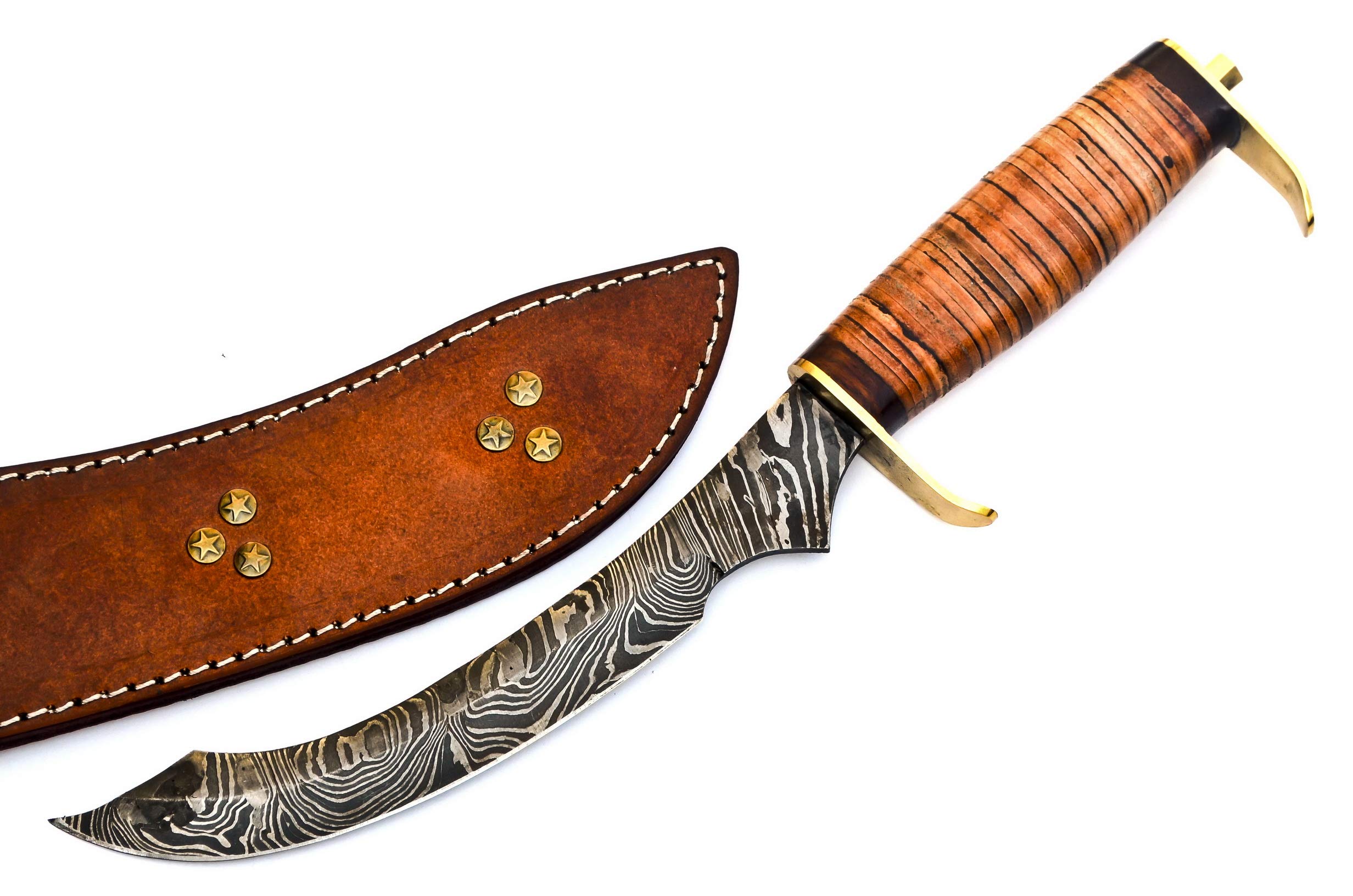 Skokie Knives Custom Hand Made Damascus Steel Hunting Knife Handle Stacked Leather With Double Brass Double Clip