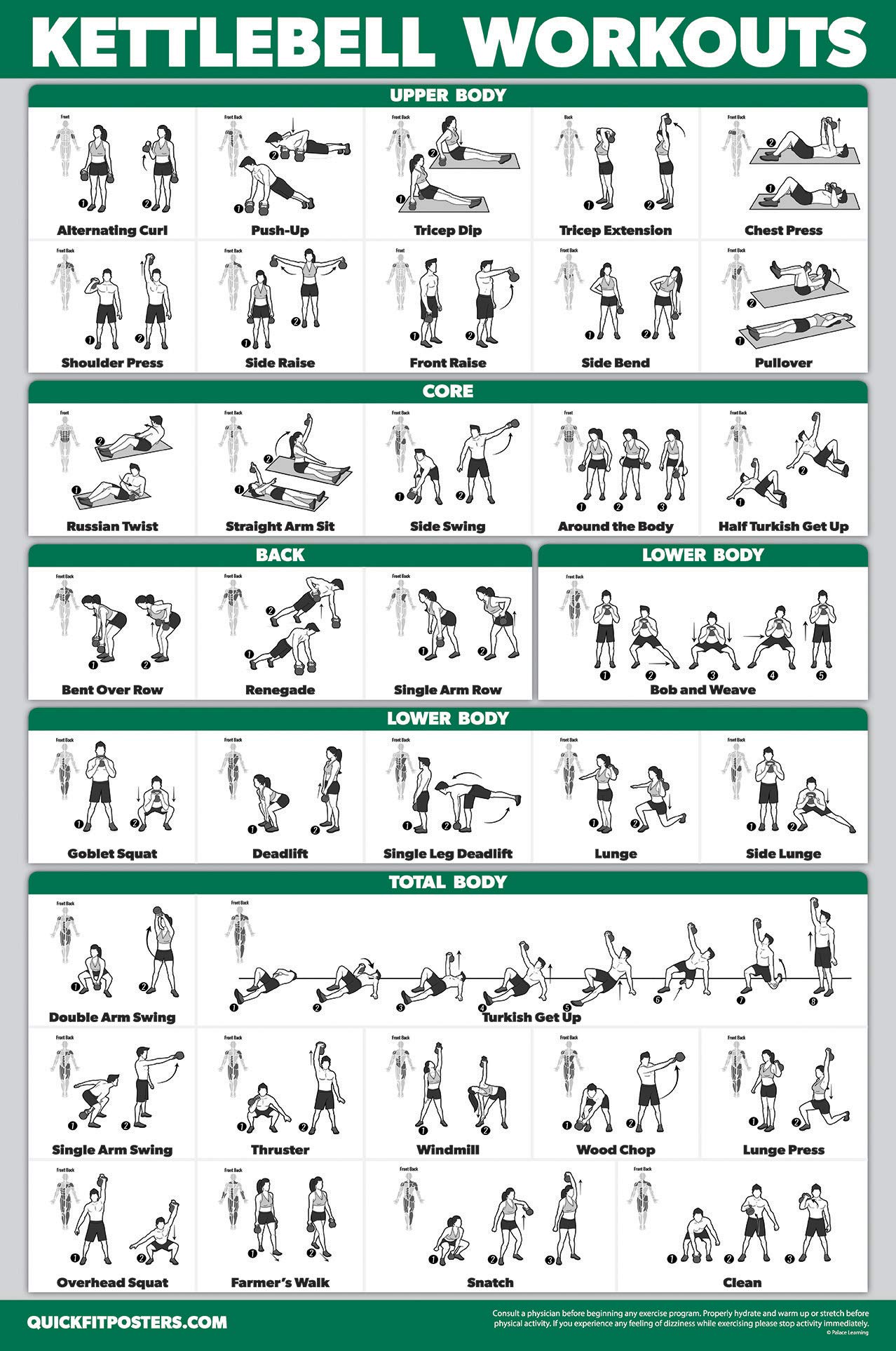 16 Pack - Exercise Workout Poster Set: Dumbbell, Suspension, Kettlebell, Bands, Medicine Ball, Battle Rope, Stretching, Bodyweight, Barbell, Yoga, Exercise Ball (PAPER - NOT LAMINATED, 18" x 24")