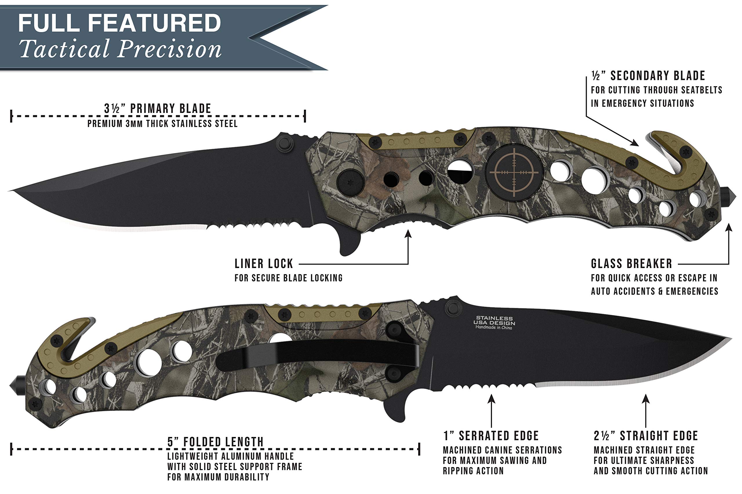 Swiss Safe 3-in-1 Tactical Knife for Military and First Responders - Hunting Camouflage