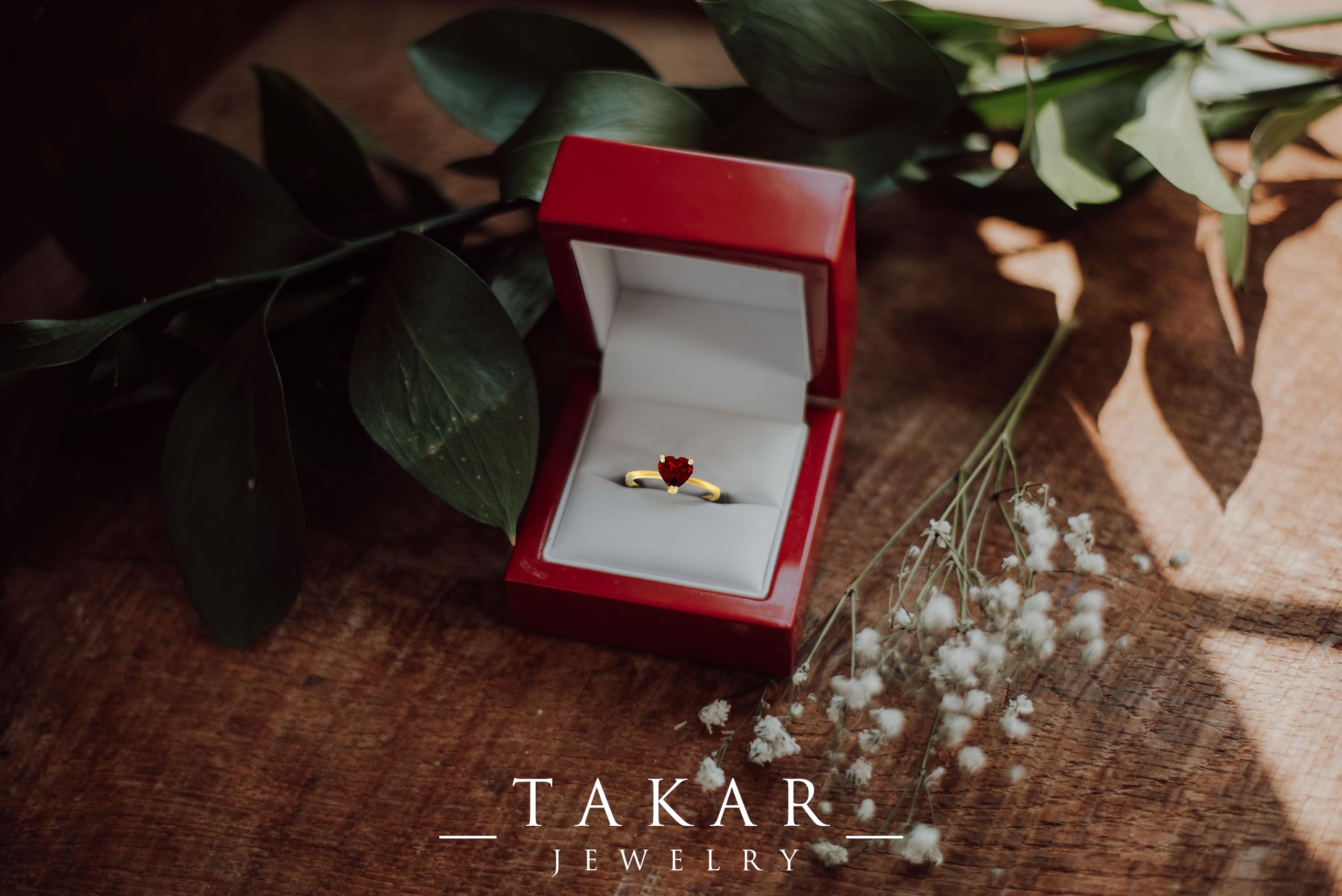 Takar 10K Garnet Gold Ring For Women, 7mm Solitaire Heart-Shaped Garnet Ring, Red Gemstone Statement Ring, January Birthstone Rings, Birthday Gold Jewelry In Rose White and Yellow Gold