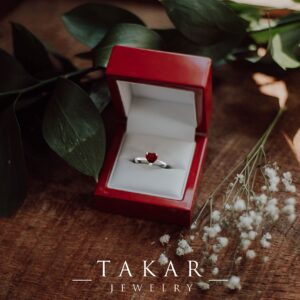 Takar Solid Sterling Silver Solitaire Heart-Shaped Genuine Garnet Ring, Engagement Wedding Band Ring Jewelry for Woman, Made in USA.(Size 10)