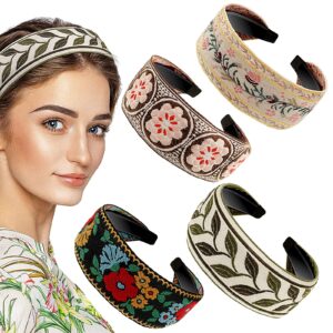 eboot 4 pieces boho headband embroidery wide hair band bohemia floral knotted wide headbands vintage ethnic style hair band for women girls hair accessories(classic pattern)