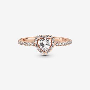 Pandora Sparkling Elevated Heart Ring - Rose Gold Ring for Women - Layering or Stackable Ring - Gift for Her - 14k Rose Gold-Plated Rose with Cubic Zirconia - Size 5