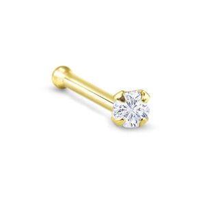 Yellow Gold Plated 925 Sterling Silver Nose Stud Bone Ring 3mm Prong Clear CZ 22G