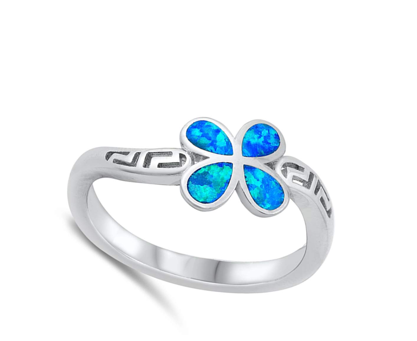 Blue Simulated Opal Greek Key Flower Ring .925 Sterling Silver Size 7