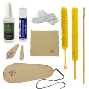 flute cleaning and maintenance cleaner care kit with key oil, cork grease, swab, cleaning cloth, cleaning brush, and cleaning rod in khaki