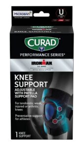 curad performance series ironman knee support, adjustable with patella support pad, for tendonitis, weak, or injured knees, preventative support for athletes