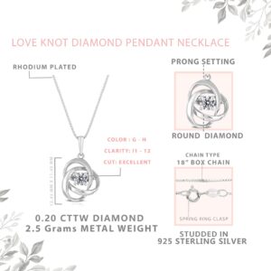 Femme Luxe 0.20 carats Love Knot Diamond Pendant Locket Necklace for Women, 925 Sterling Silver, Dainty and Hypoallergenic, 18inch box chain, Jewelry with Gift Ready Box