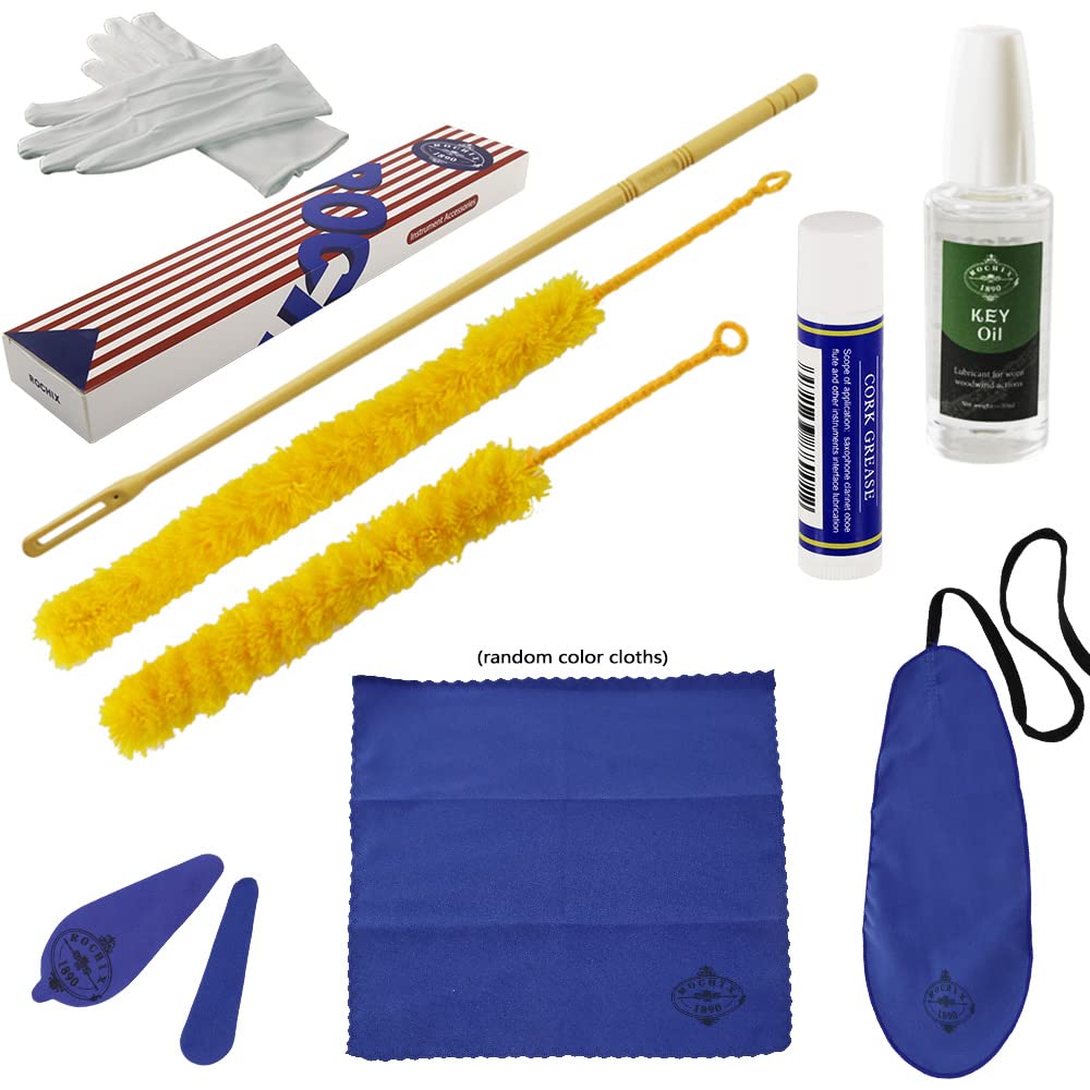 Flute Cleaner Care Cleaning Kit,Maintenance Kit,Key Oil,Cork Grease,Swab,Cleaning Cloth,Cleaning Brush,Cleaning Rod(Random Color Cloths)