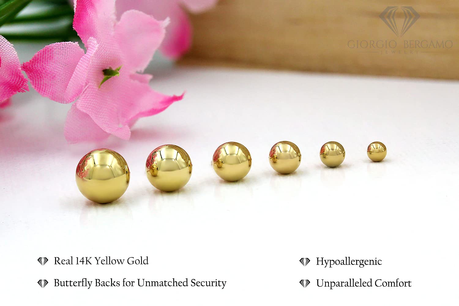 14K Yellow Gold Round Ball Studs 4mm, Polished Smooth Earrings for Women, Butterfly Backing, Giorgio Bergamo (4mm)