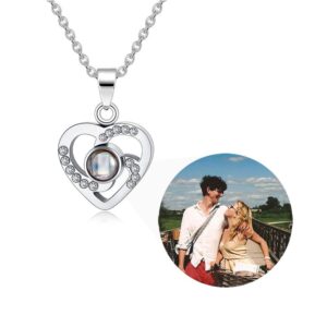 zlhzw personalized picture projection necklace for women - custom photo love heart pendant with cubic zirconia - customized portrait jewelry - birthday anniversary memorial gifts for her