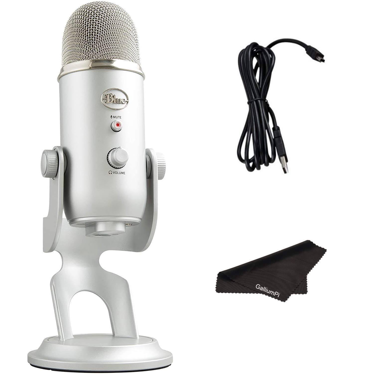 Newest Blue Yeti USB Microphone with 4 Pickup Patterns, 3 Condenser Capsules, Mic Gain Control & Adjustable Stand for Gaming, Streaming, Podcasting on PC & Mac with GalliumPi Accessories - Silver