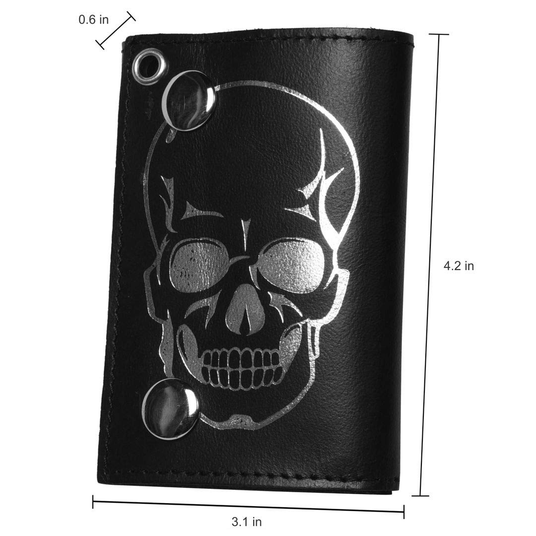 Leatherboss Genuine Leather Trifold Skull Biker Chain Wallet Credit Card Cash with ID Holder, Black