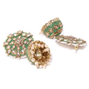 Priyaasi Green Traditional Indian Jhumka Earrings for Women | Fashionable Floral Design | Stone Studded | Pearl Drop | Gold Plated | Earrings for Women with Pushback Closure | Ethnic Bridal Earrings