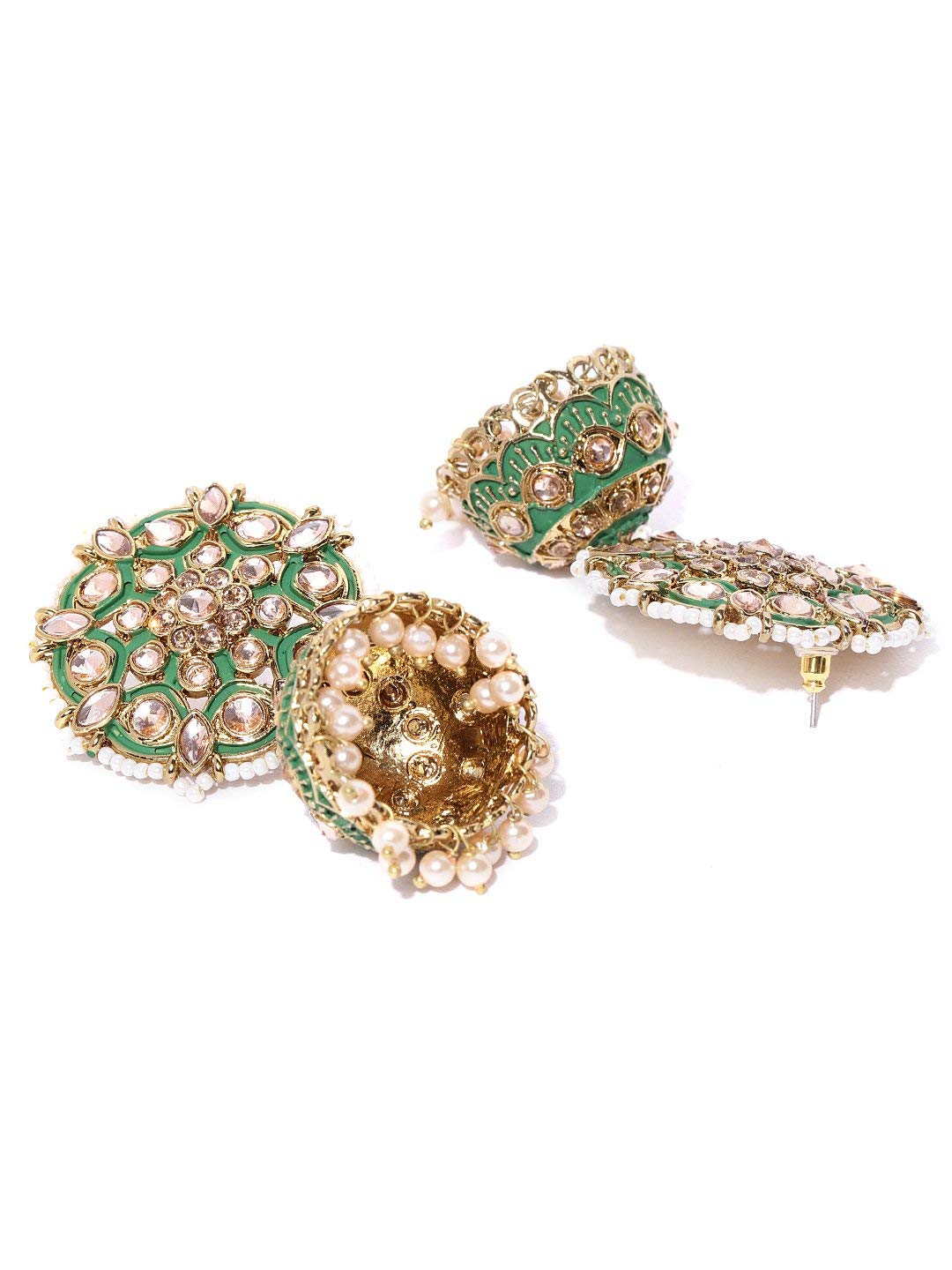 Priyaasi Green Traditional Indian Jhumka Earrings for Women | Fashionable Floral Design | Stone Studded | Pearl Drop | Gold Plated | Earrings for Women with Pushback Closure | Ethnic Bridal Earrings