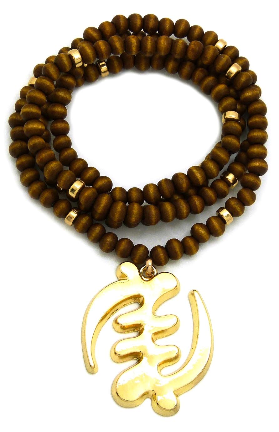 GWOOD Gye Nyame African Pendant with Brown Wood Bead Necklace