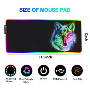 RGB Mouse Pad,Gaming Mouse Pad RGB,Cool Animal LED Mousepad-14 Light Modes Soft Non-Slip Base Large LED Mouse Mat for Laptop Computer PC Games 31.5 X 12 inches (RGB Wolf Mouse Pad)