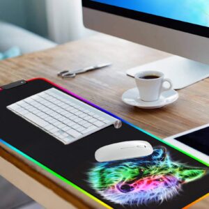 RGB Mouse Pad,Gaming Mouse Pad RGB,Cool Animal LED Mousepad-14 Light Modes Soft Non-Slip Base Large LED Mouse Mat for Laptop Computer PC Games 31.5 X 12 inches (RGB Wolf Mouse Pad)