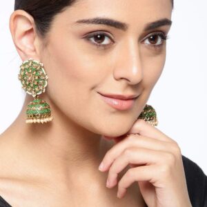 Priyaasi Green Traditional Indian Jhumka Earrings for Women | Fashionable Floral Design | Stone Studded | Pearl Drop | Gold Plated | Earrings for Women with Pushback Closure | Ethnic Bridal Earrings